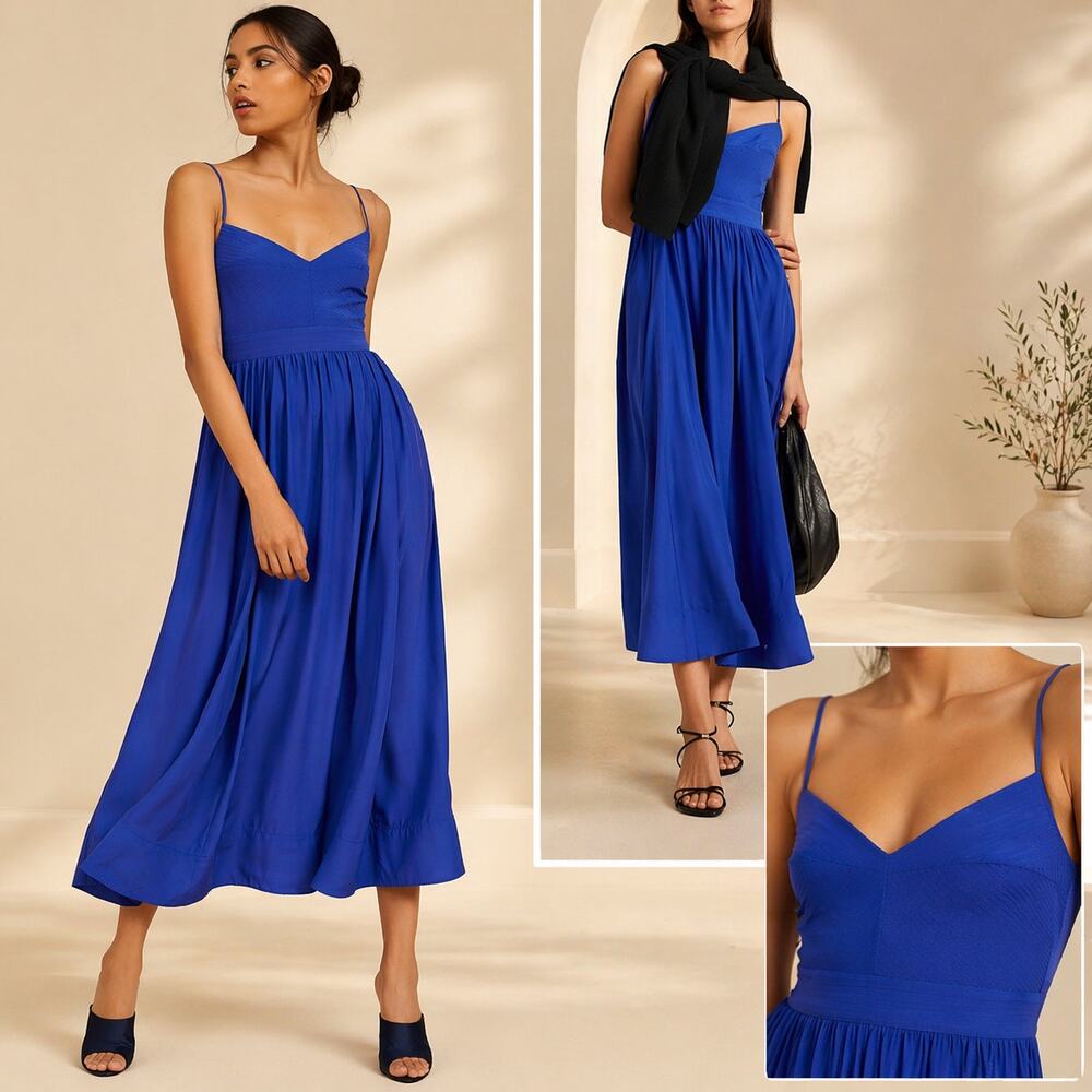 La Ligne Tracy Midi Dress ELECTRIC BLUE 100% Silk size S Sleeveless A-line New
